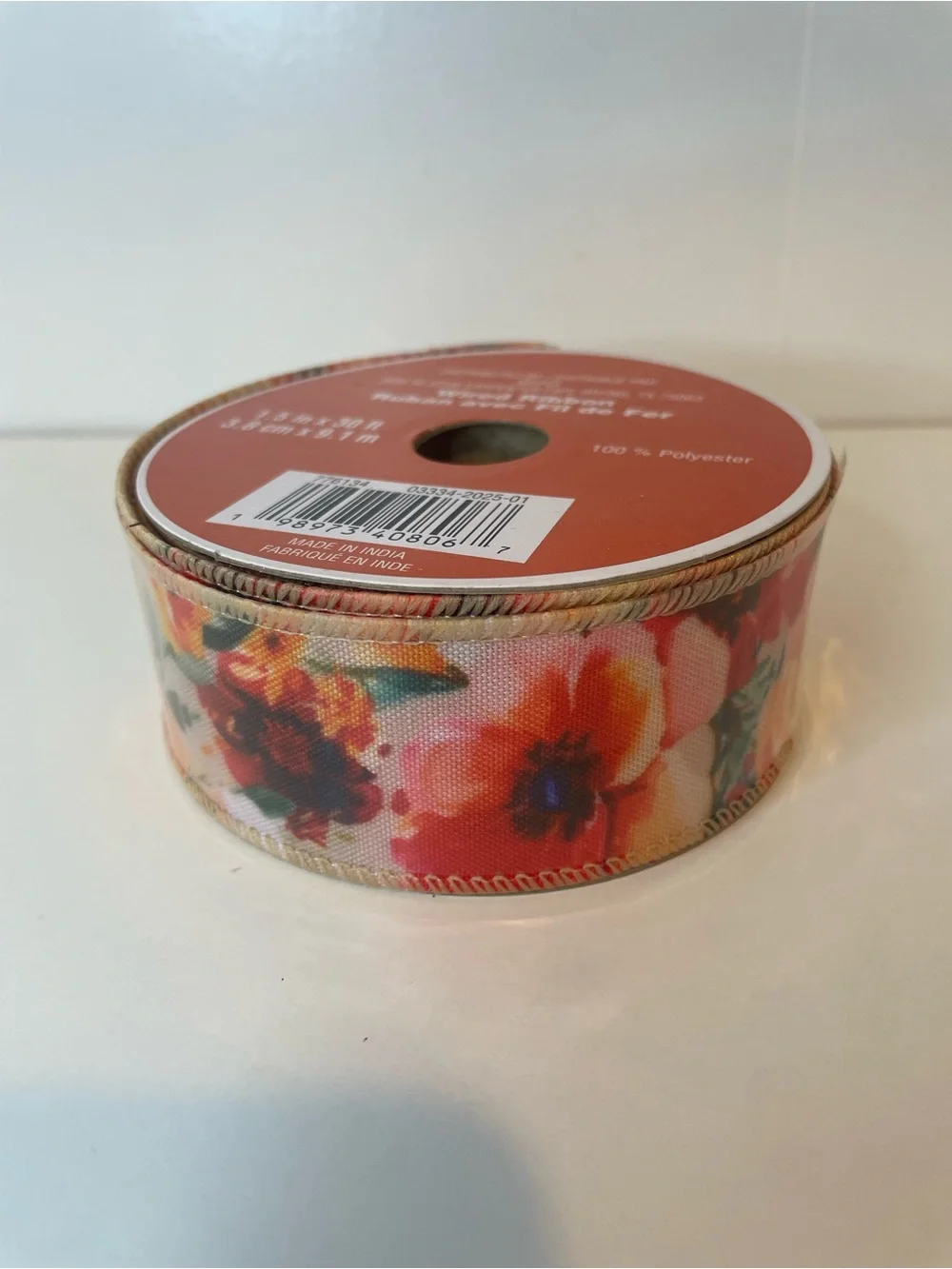Fall Wired Ribbon Spool  1.5”x30feet- Orange Floral pattern